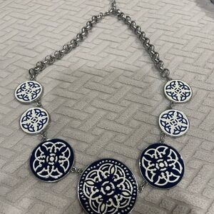 Elegant and Bold Blue and White Necklace on a silver tone chain